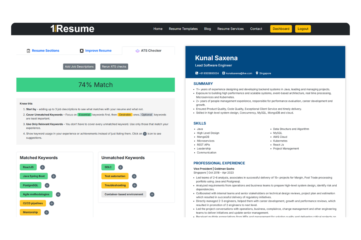 ai resume builder matching resume with JD and showing missing keywords, ats score