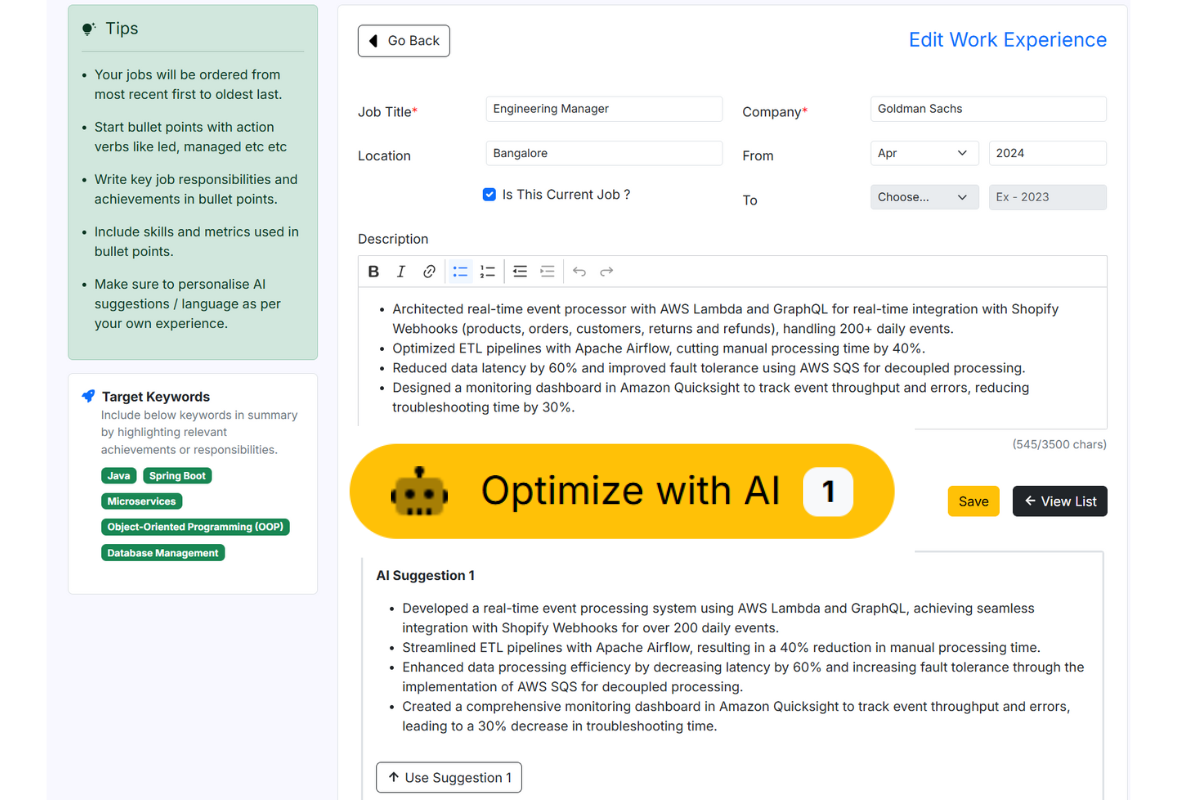 ai generated optimized version of resume experience
