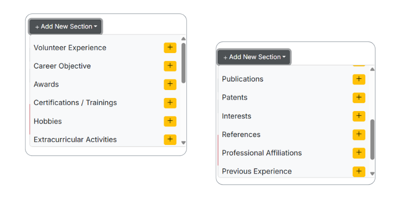 ai resume builder consists 20+ resume sections to create resume or CV