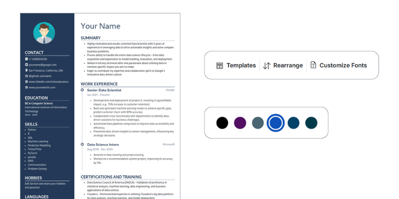 ai resume builder feature to customize color, font etc in resume templates