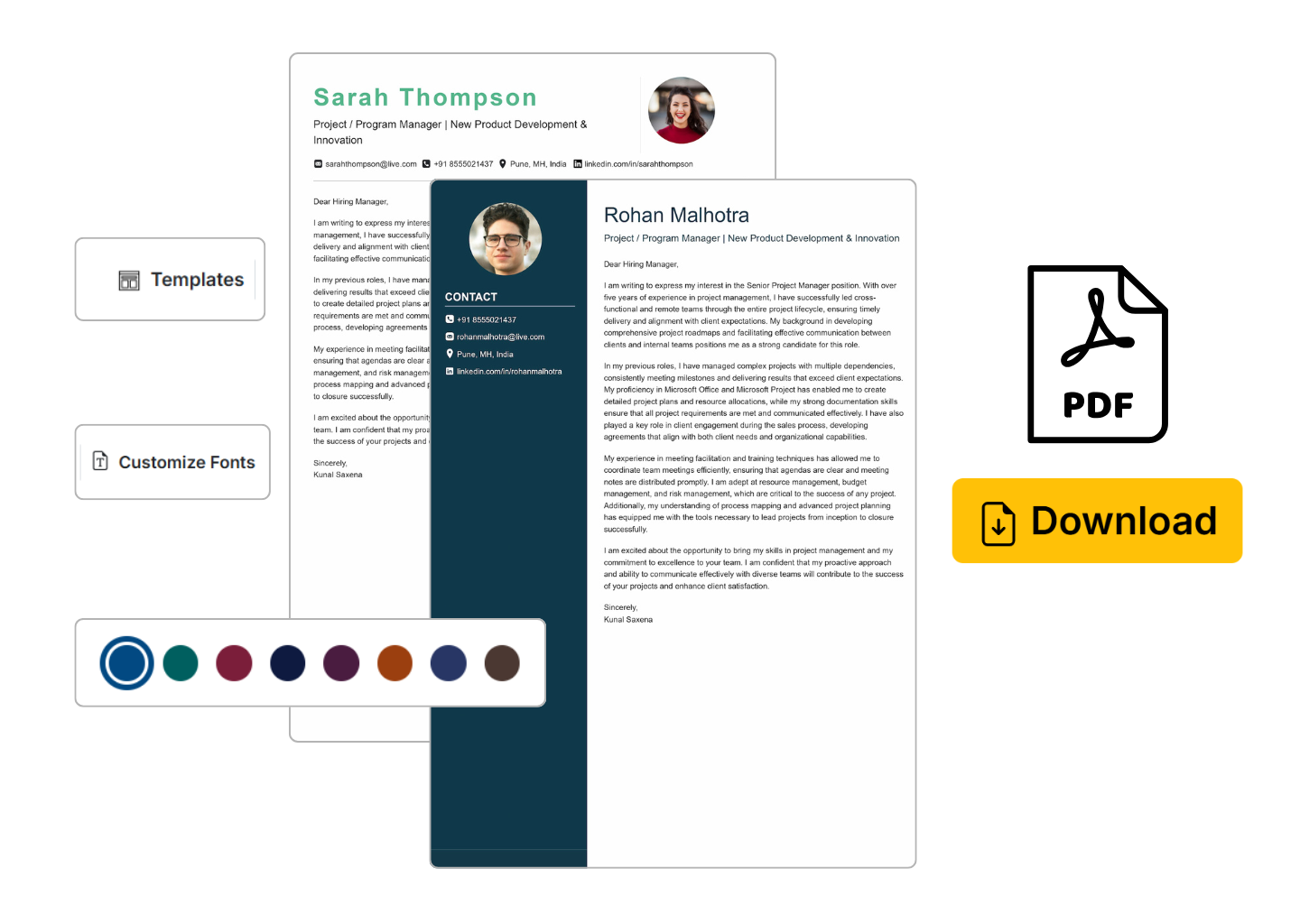 cover letter builder step 1 - personalize, customize and download PDF