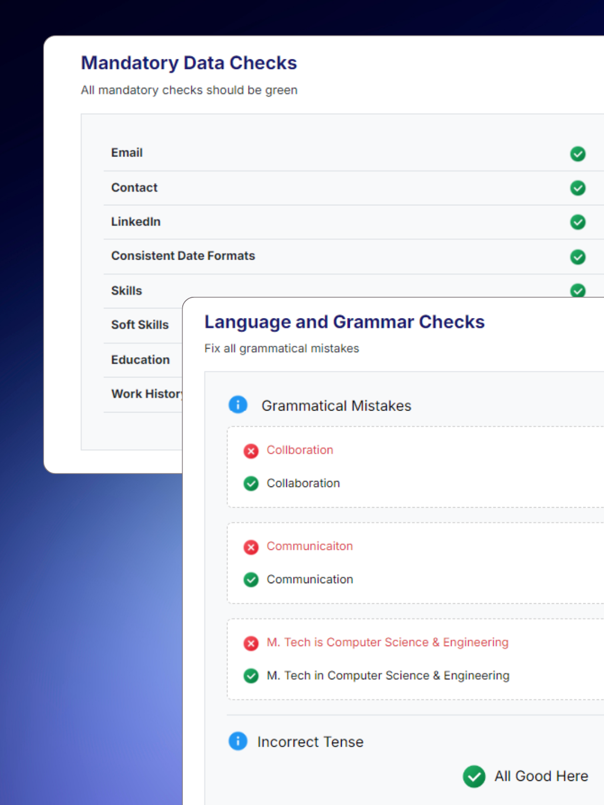 resume checker identifying mandatory data and language related mistakes