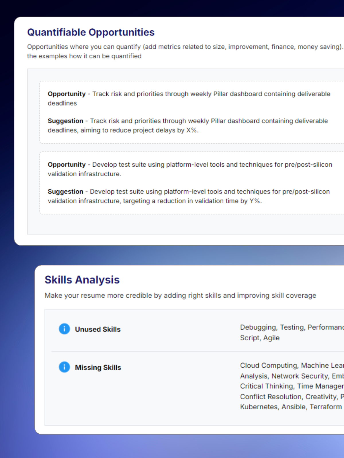 ai resume checker showing missing skills, quantifying opportunities in your resume